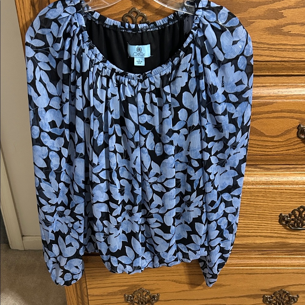 CeCe Blue and Black Floral Blouse